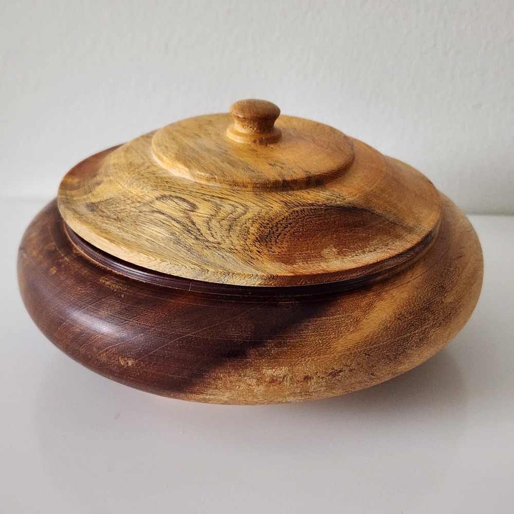 Hand Turned Wood Trinket Box Natural Grain Boho Rustic Decor Handmade Bowl + Lid